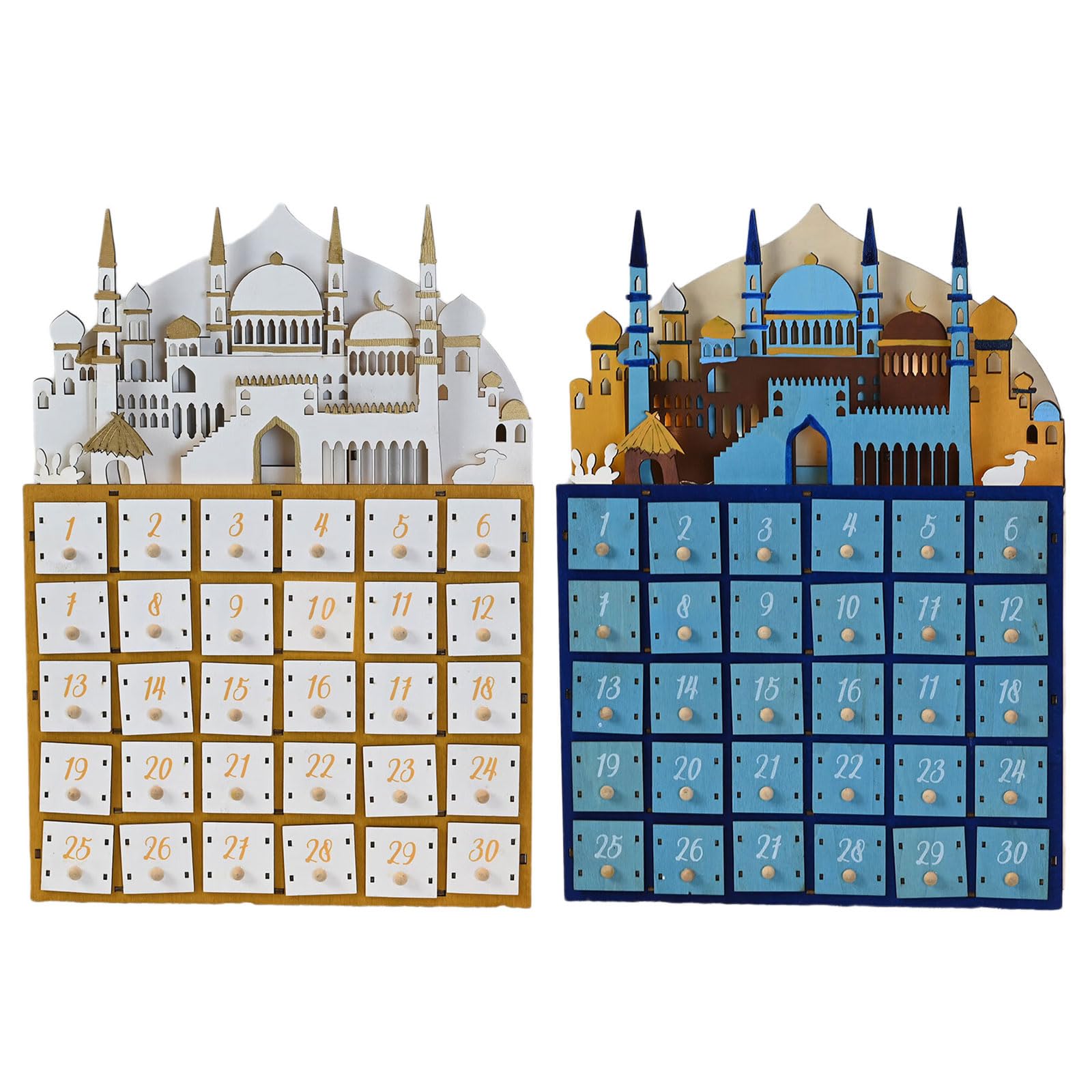 Eid Ramadans - Calendario de cuenta regresiva de madera con luz LED y 30 cajones pequeños, decoración de Adviento para fiestas islámicas