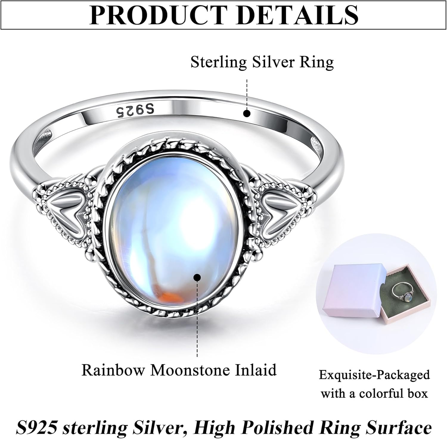 Florideco Sterling Silver Moonstone Mood Ring - Vintage Handmade Victorian Oval Solitaire - 18K White Gold Plated Color Change Ring for Women - Image 3