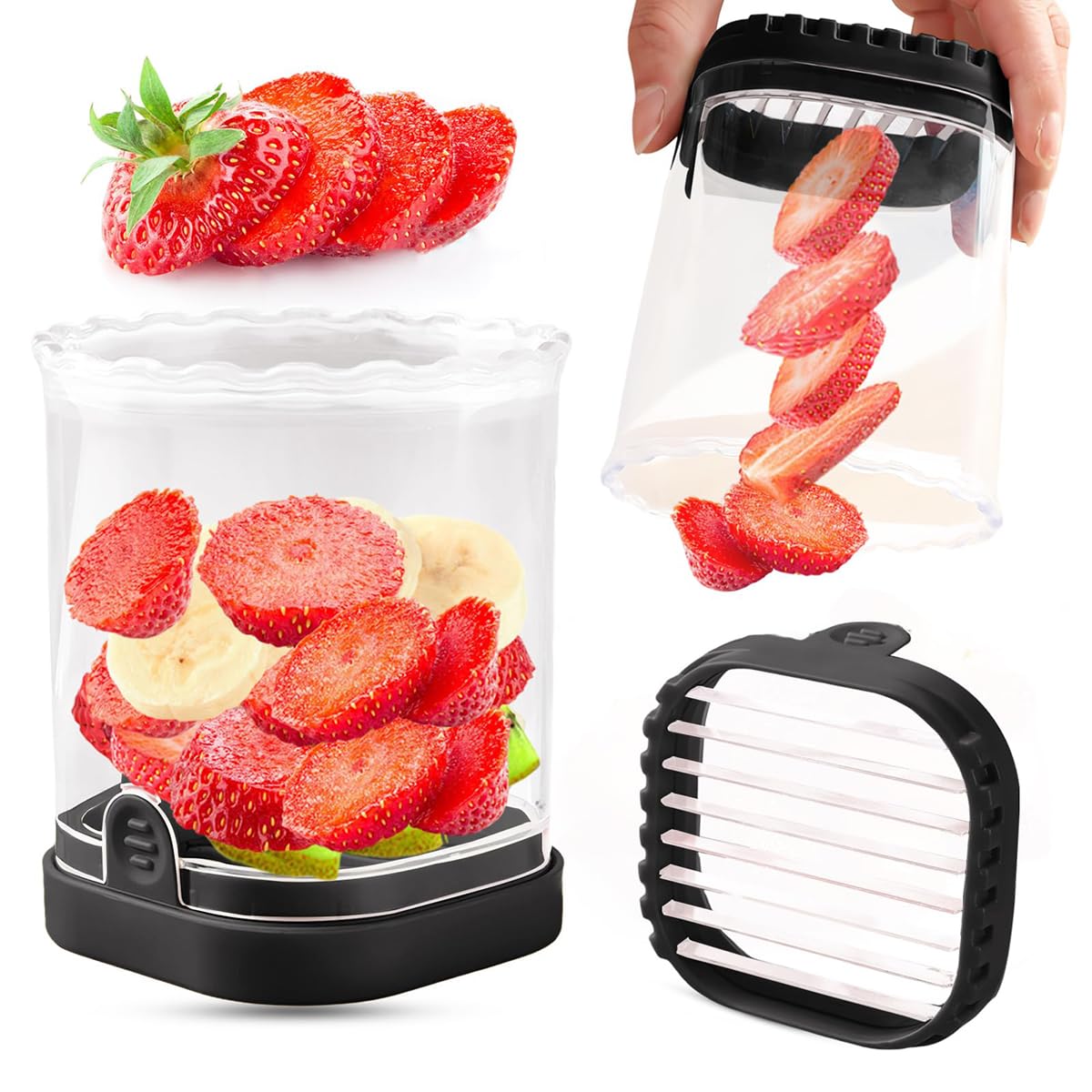 Fruit Slicer Cup Detachable Strawberry Slicer Banana Egg Slicers with Push Plate, for Vegetable Cutting Kitchen Gadget (Black)