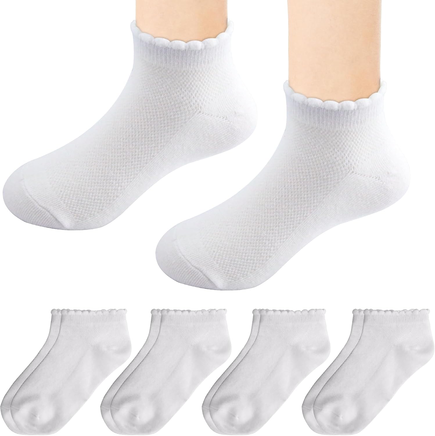 Girls White Ruffle Socks School Uniform Kids Cotton Crew Ankle Cute Frilly Dress Socks 8 Pairs for Everyday Wear