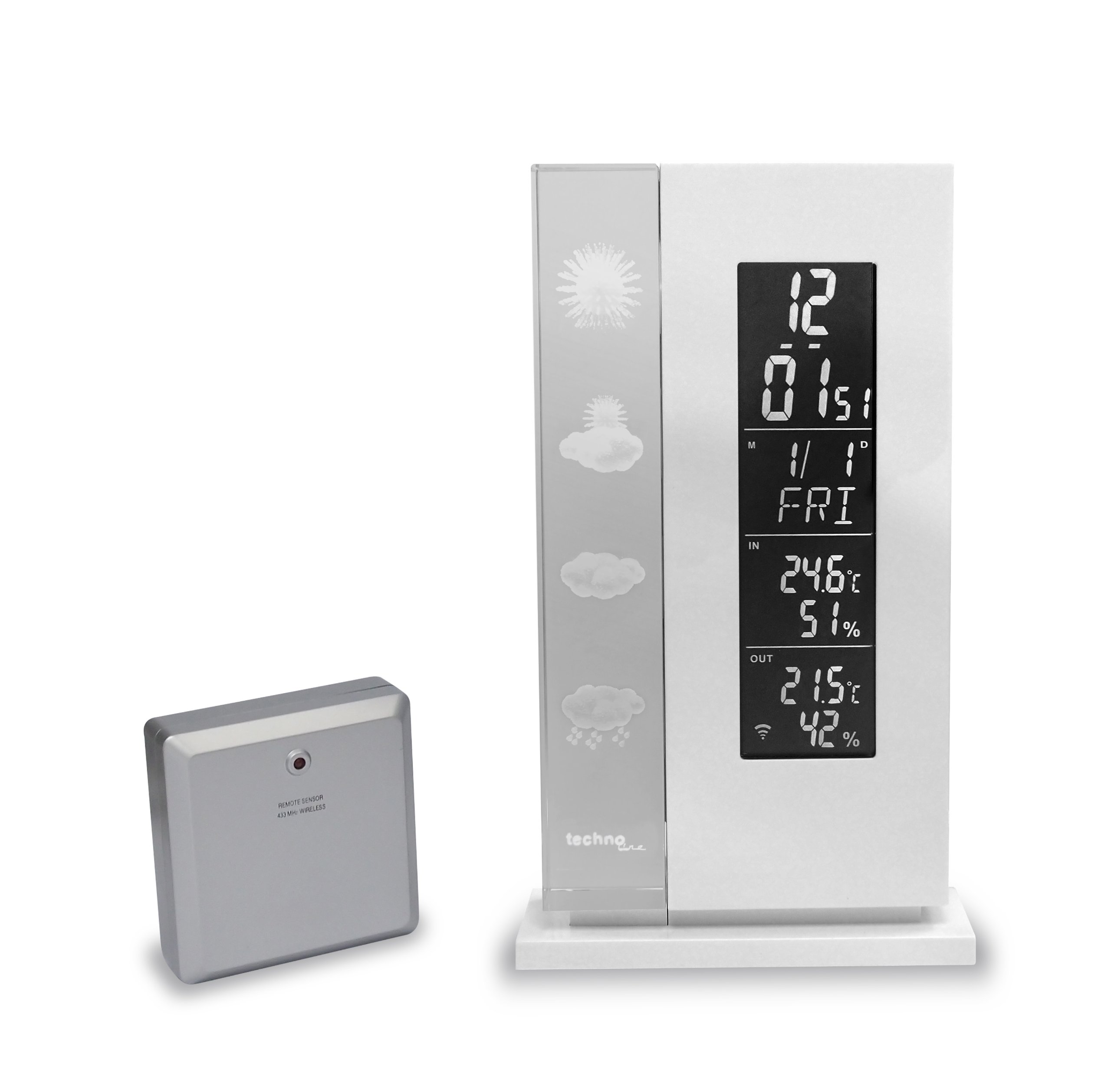 Wetterstation WS 6600 mit Vorhersage von Wettersituation durch in Glas gelaserte 3D-Wettersymbole