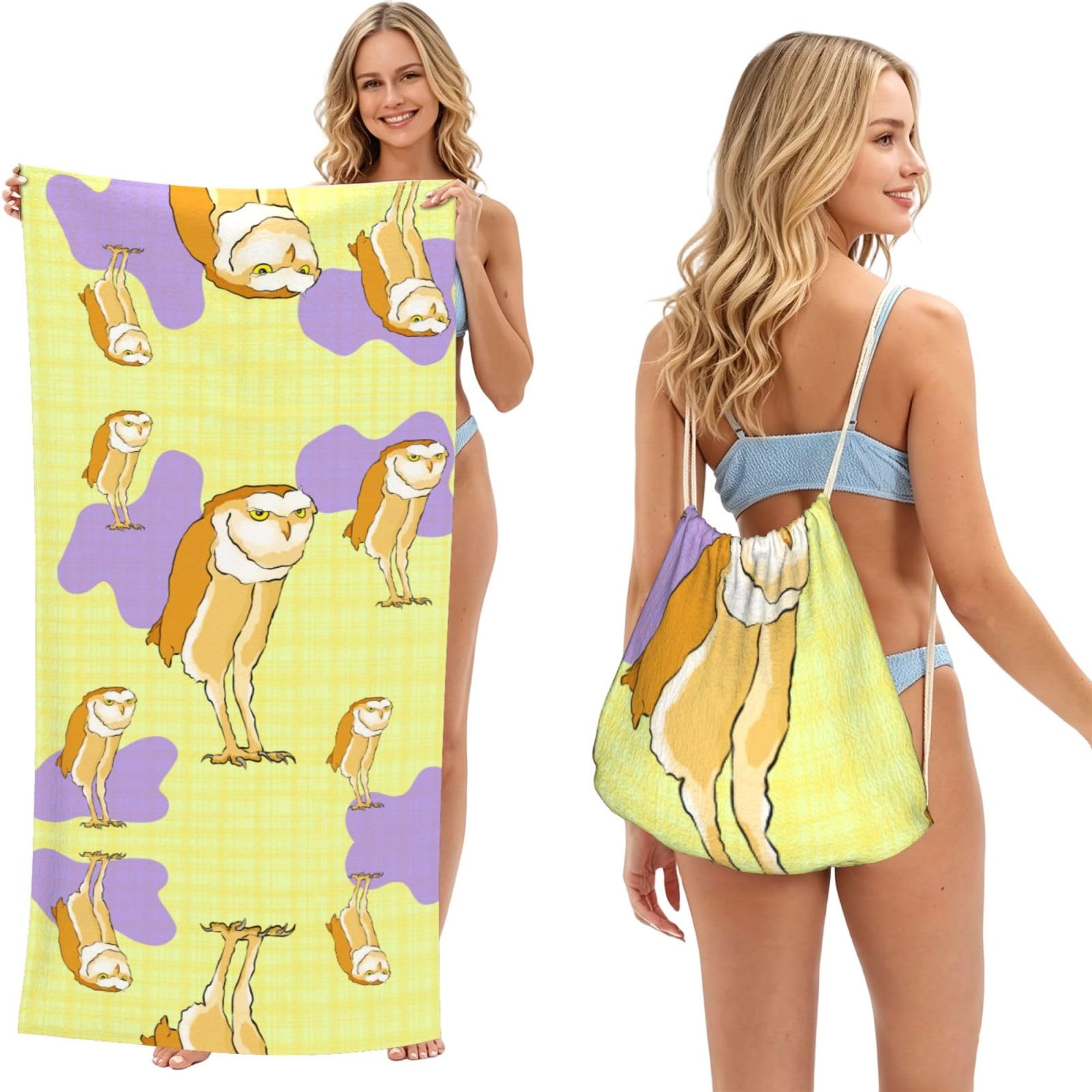 SXZVVBN Standing Owl 2-in-1 Beach Towel Bag, Quick Dry Sand Free Travel Towel Backpack for Adults