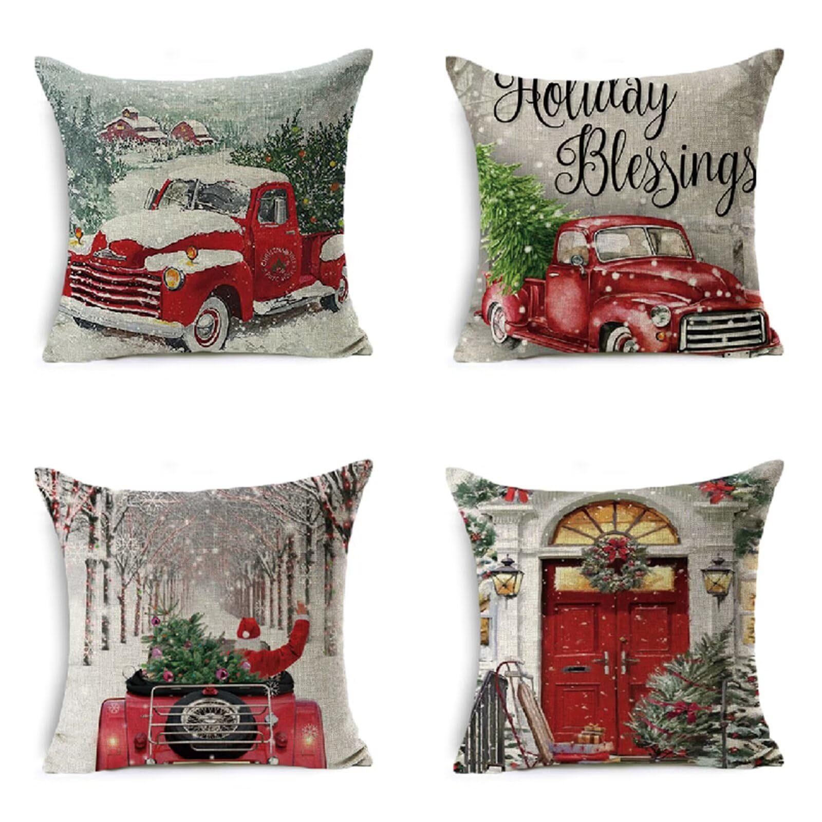 Rot Kissenbezugen 4er Set 60x60cm Dekorative Kissenhülle,Doppelseitig Platz Outdoor weich Atmungsaktiv Kissen Weihnachts-Auto Kissenbezüge,für Garten Wohnzimmer Schlafzimmer Sofa Zierkissen JN-7379