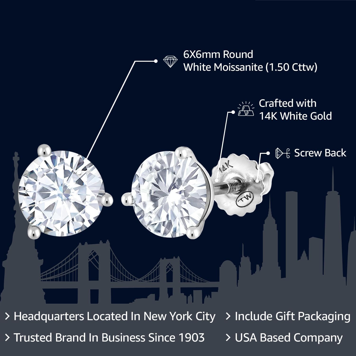 Gem Stone King Solid 14K Gold Round Moissanite Martini 3 Prong Secure Screw-Backs Stud Earrings For Women Men | 1.50 Cttw | Round 6MM
