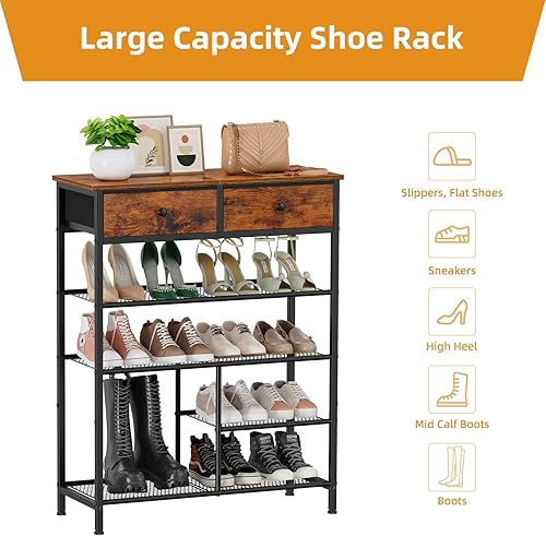 Miniatura 7 de Snughome Zapatero, organizador de almacenamiento de zapatos de 5 niveles con 2 cajones, estantes de almacenamiento de zapatos con parte superior de