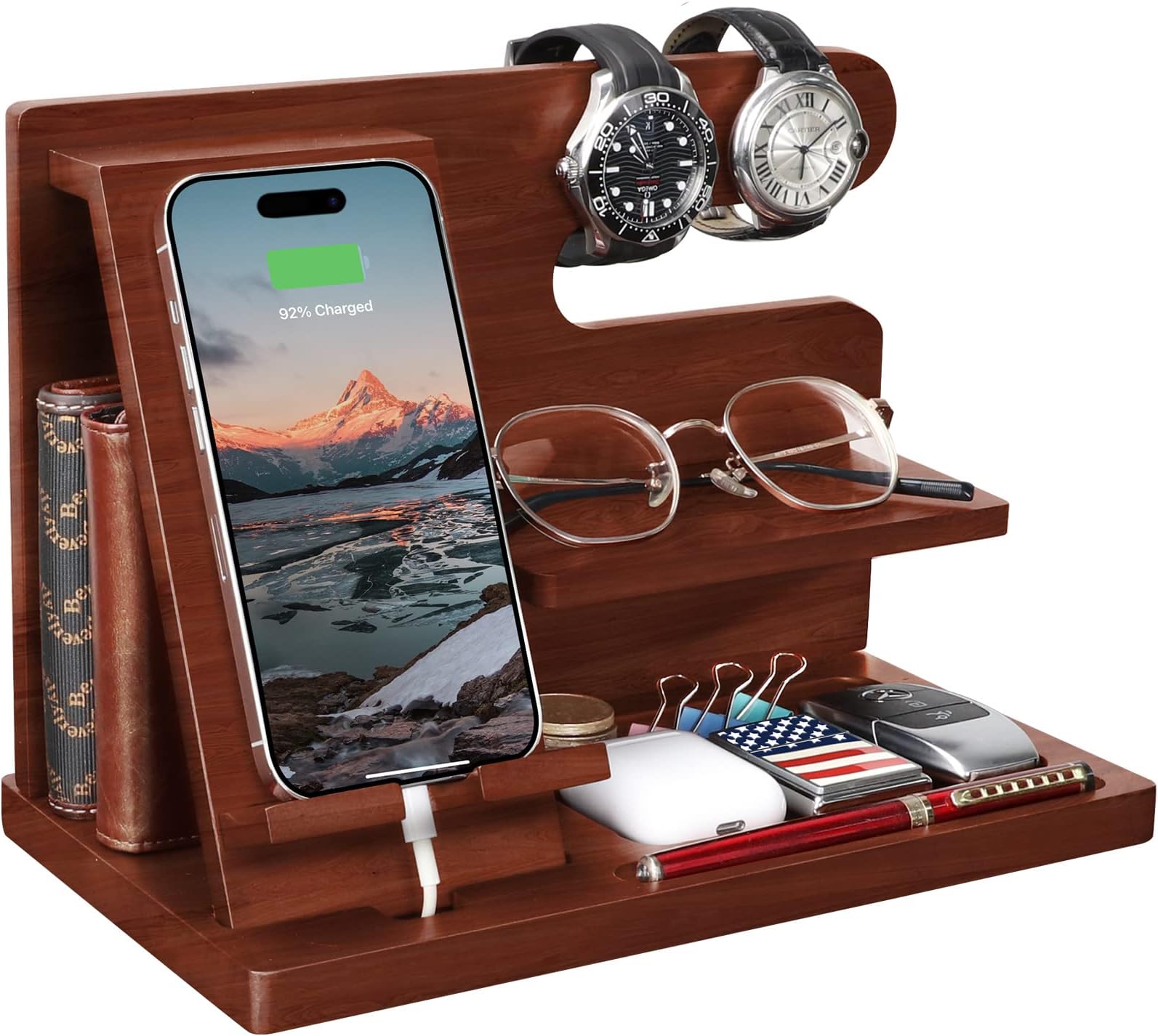 Wood Phone Docking Station - Nightstand Organizer for Cell Phone, Watch, Wallet - Birthday Gift for Dad or Husband