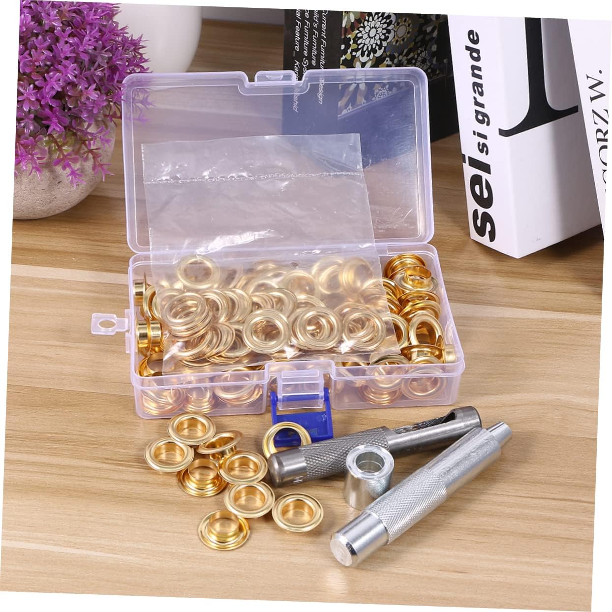 Lurrose 100pcs Eyelet Button Grommet Kit with Tools for Shoes Clothing and Crafts Durable Fasteners Golden Finish Easy Installation with Storage Case