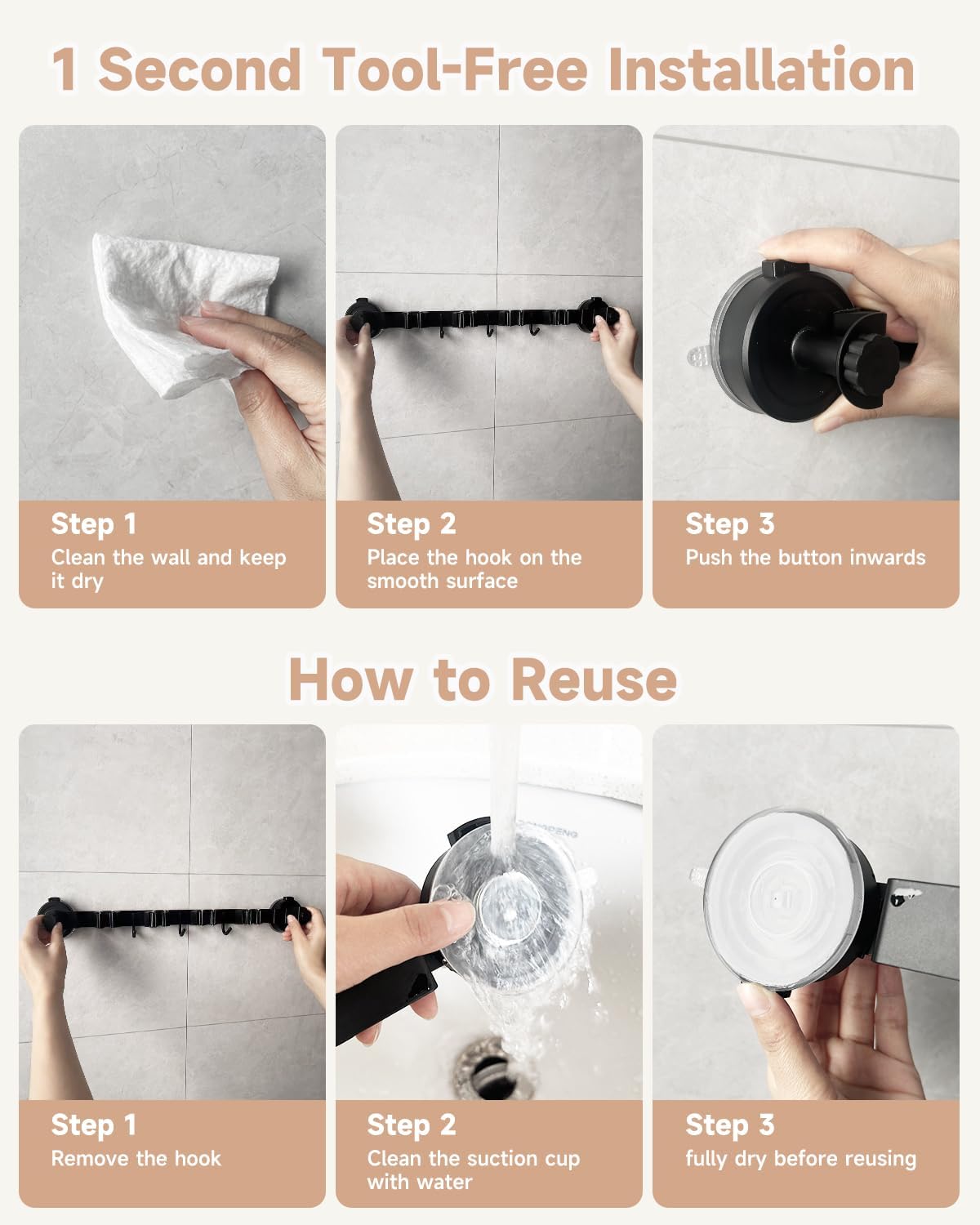 2026 Upgrade Broom Holder Wall Mount with Suction Cup, Broom and Mop Organizer Wall Hanging with 4 Racks & 3 Hooks, Removable and Reusable, Mop and Broom Hanger for Home Kitchen Laundry