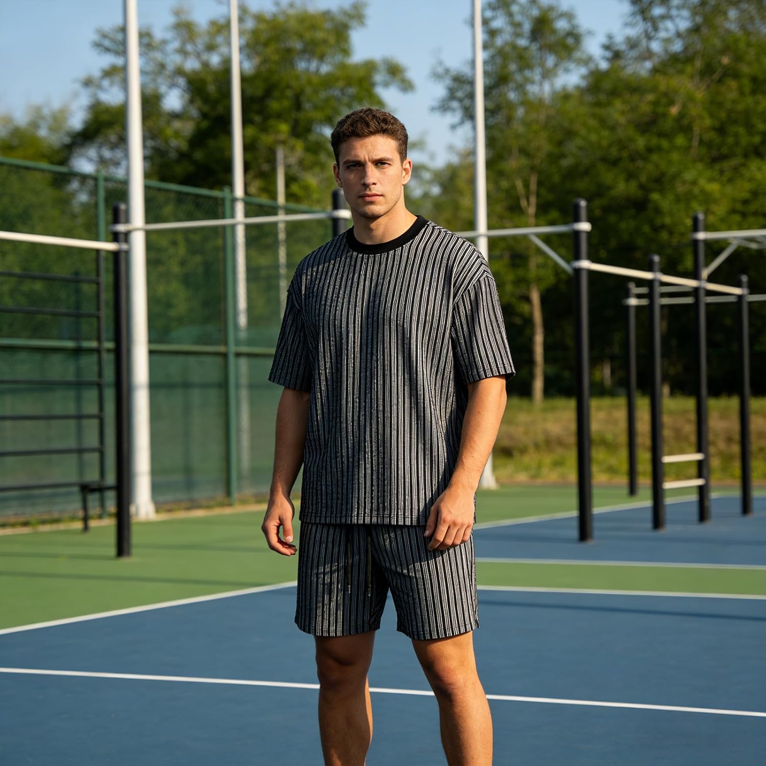 Men's 2 Piece Outfits Summer Vertical Striped Contrast Crewneck T Shirts and Drawstring Shorts