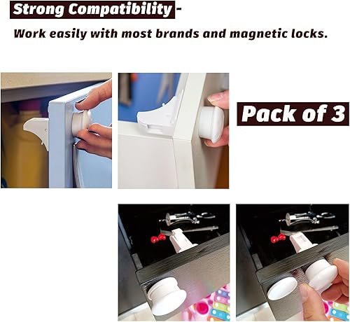 Miniatura 2 de Paquete de 3 llaves de repuesto para cerraduras magnéticas de gabinete a prueba de bebés para bebés, llaves universales con imán extra a prueba de