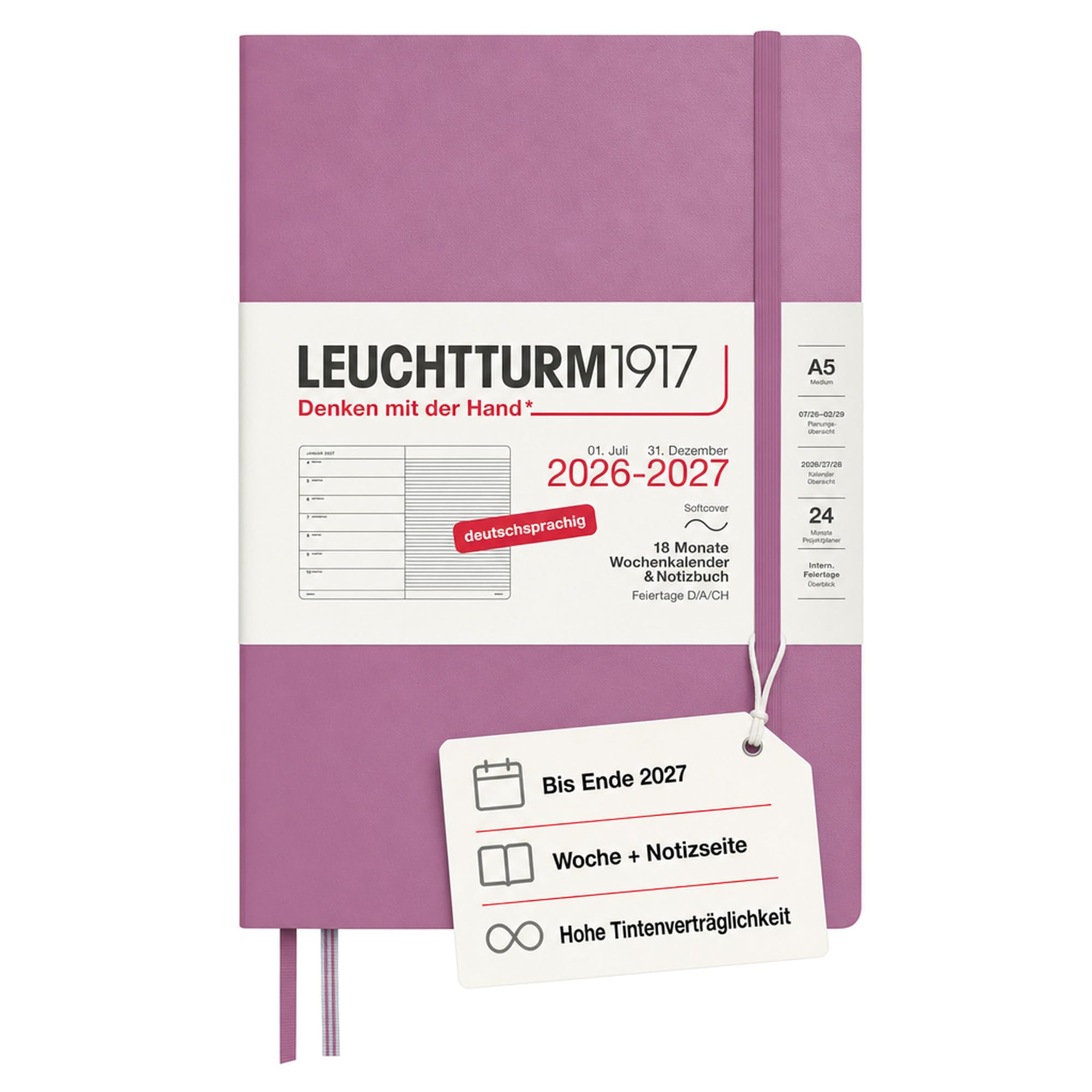 LEUCHTTURM1917 Weekly Calendar 2027 A5 with Notebook, Lined - Diary German, 18 Months July 2026 - December 2027, Dusty Rose, Soft Cover, 210 x 145 mm, Week to View Left + Note Page Right