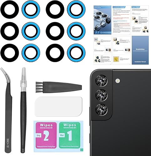 Senpinkboo Paquete de 2 lentes de repuesto para cámara trasera para Samsung Galaxy S22S22 Plus con adhesivo preinstalado, incluye juego de