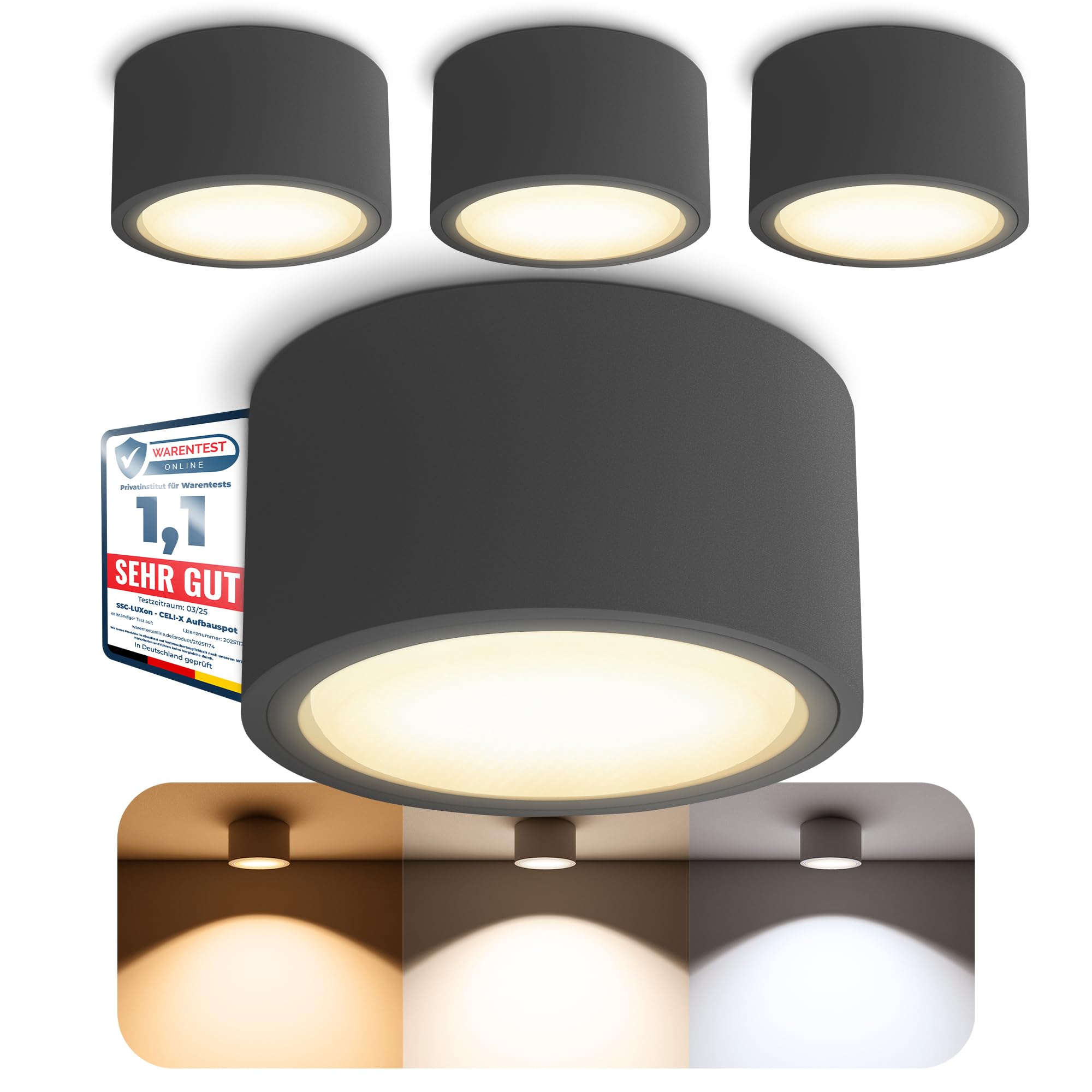 SSC-LUXon 4x CELI-X dimmbare Spot Deckenleuchte flach inkl. LED Leuchtmittel GX53 - Aufbauspot rund anthrazit warmweiss 4,5W 230V