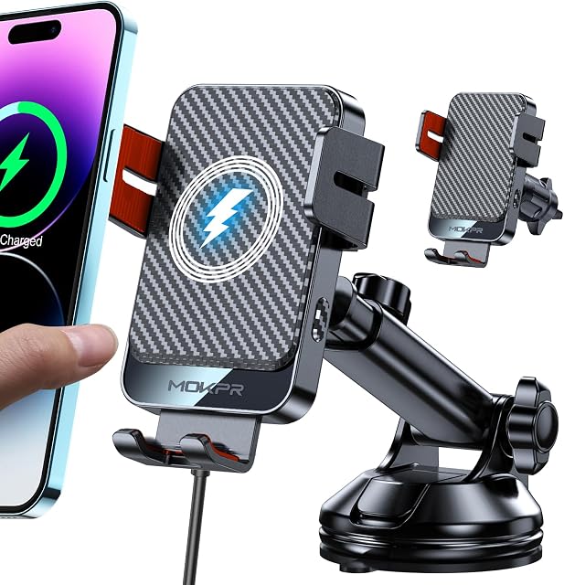 Wireless Car Charger, MOKPR Auto-Clamping Car Phone Holder Wireless Charger Air Vent Car Phone Mount fit for iPhone 17/16/15/14/13/13 Pro/12 pro/12/11/X/8, Samsung S23/S22/S21/S20 (Bright Red)