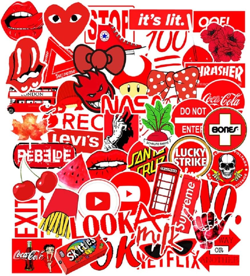 50 Pcs Street Fashion Sticker Decals for Laptops Cars Water Bottle Luggages Ipad Street Doodle Sticker Set Waterproof Sticker (Red)