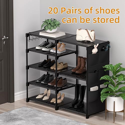 Miniatura 3 de Zapatero de 5 niveles para armario, 28 pares de metal apilable para zapatos, organizador de botas, estante de zapatos con bolsa lateral para
