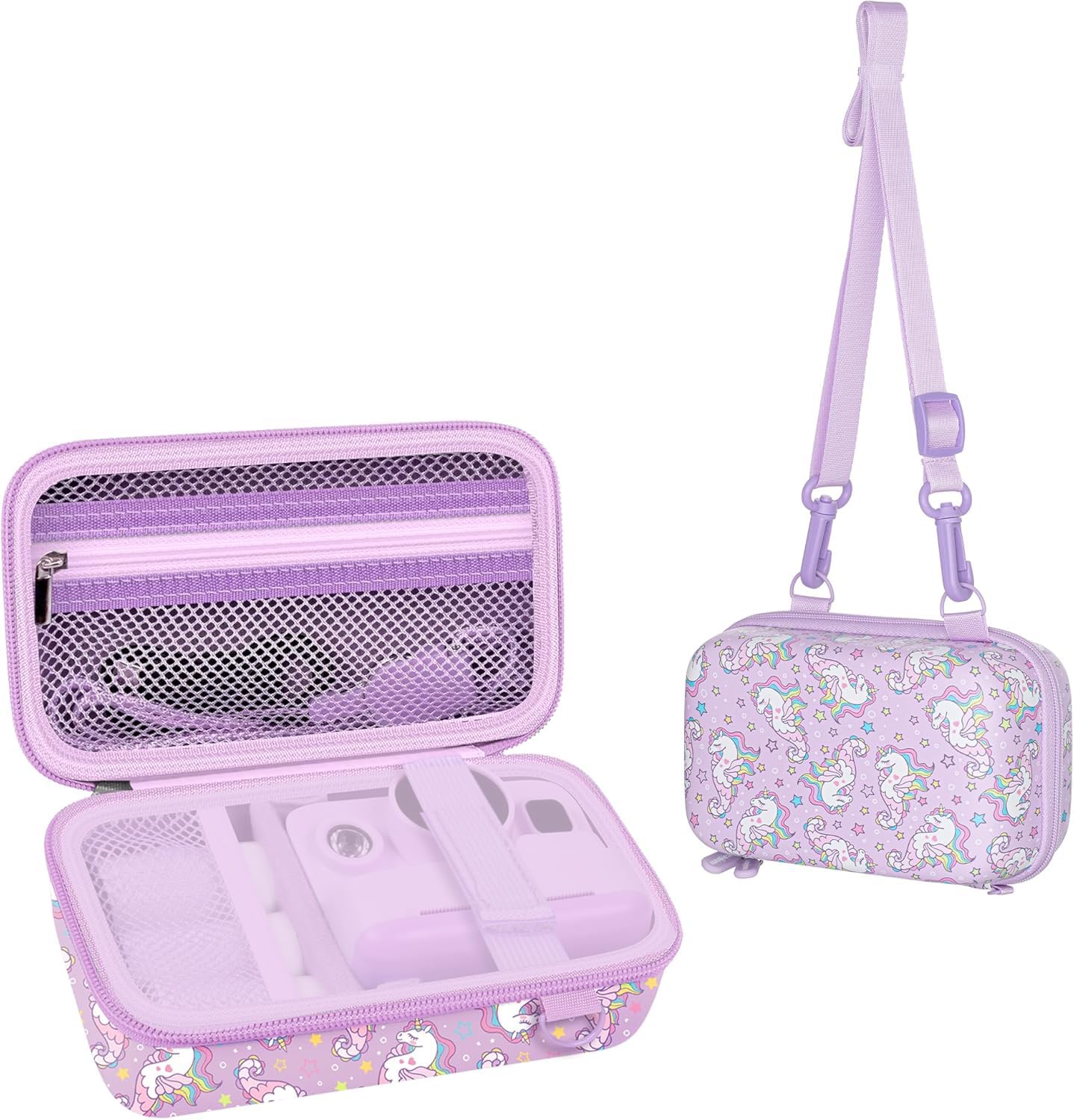 Leayjeen Borsa per fotocamera per bambini, compatibile con HiMont/Greenkid/Hiievpu/CalineGam/Gofunly/AMCLID/Uleway, con tracolla e maniglia (solo borsa), Cavalluccio marino viola, L, Cinghia per