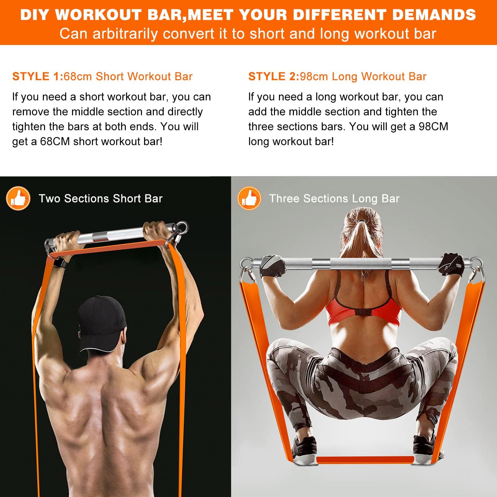 DASKING Fitnessbänder Widerstandsbänder Stange, Fitnessgeräte für Zuhause, 75cm/90cm/98cm Abnehmbarer Resistance Bands Bar Kit mit Dreieckshaken,Yoga Pilates Bars, Workout Full Body Fitness Exercise
