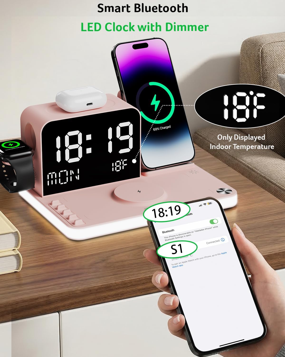 Acer 7-in-1 Wireless Charging Station with LED Clock - 30W Fast Wireless Charger for iPhone 16/15/14/13/12/Pro Max, Apple Watch, AirPods - Bluetooth Auto Time Sync & Night Lights (Pink)