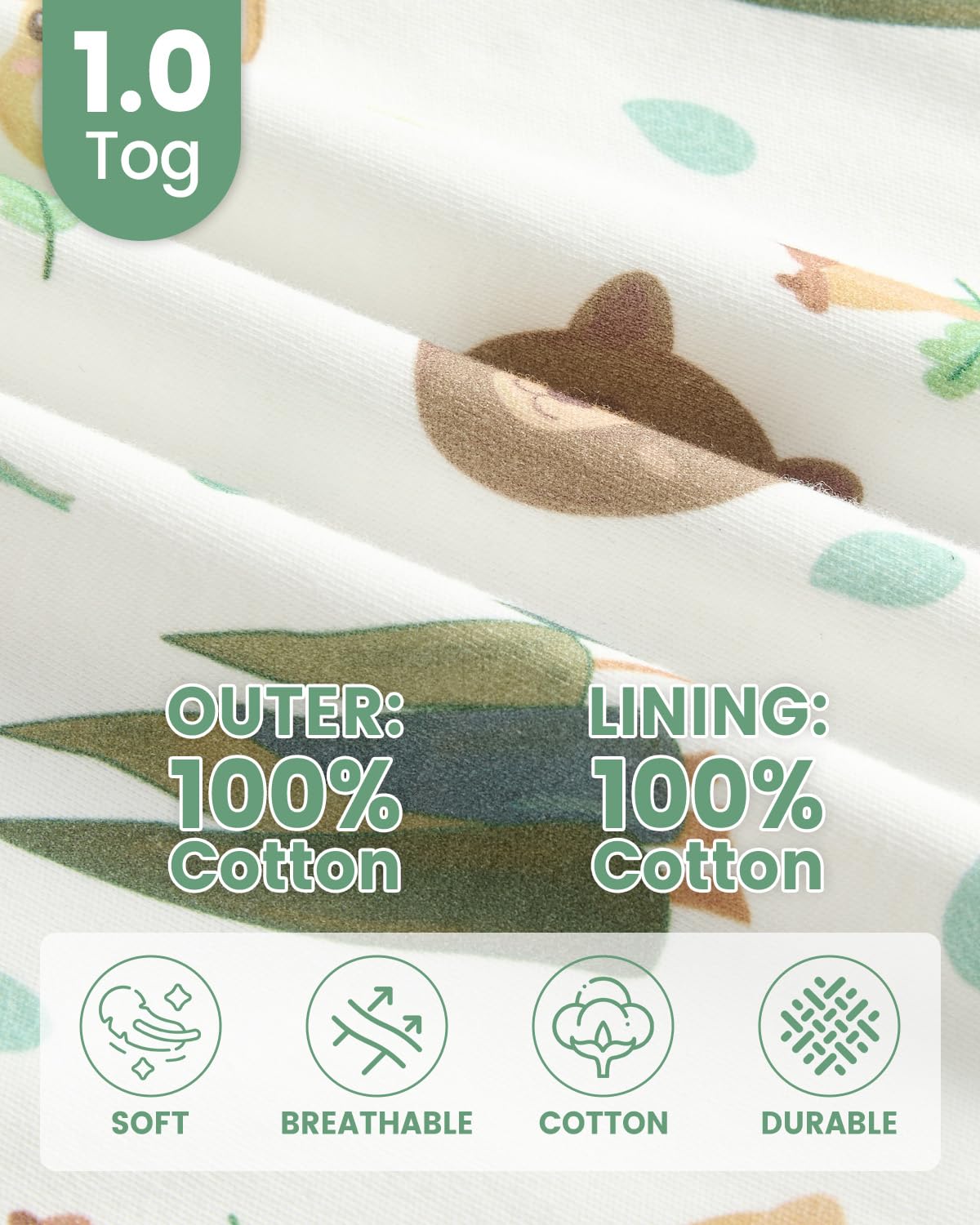 WYTbaby 2 Pack Baby Sleeping Bag 1.0 Tog - 100% Cotton Baby Sleep Sack Wearable Blanket for Infants 0-6 Months,Fox Print + Green - Image 3