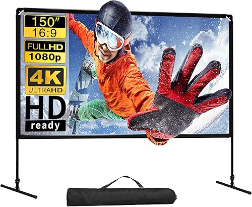 GT GETCO TECH Pantalla de proyector con soporte, pantalla de 150 pulgadas para interiores y exteriores, proyector portátil 4K HD pantalla S,