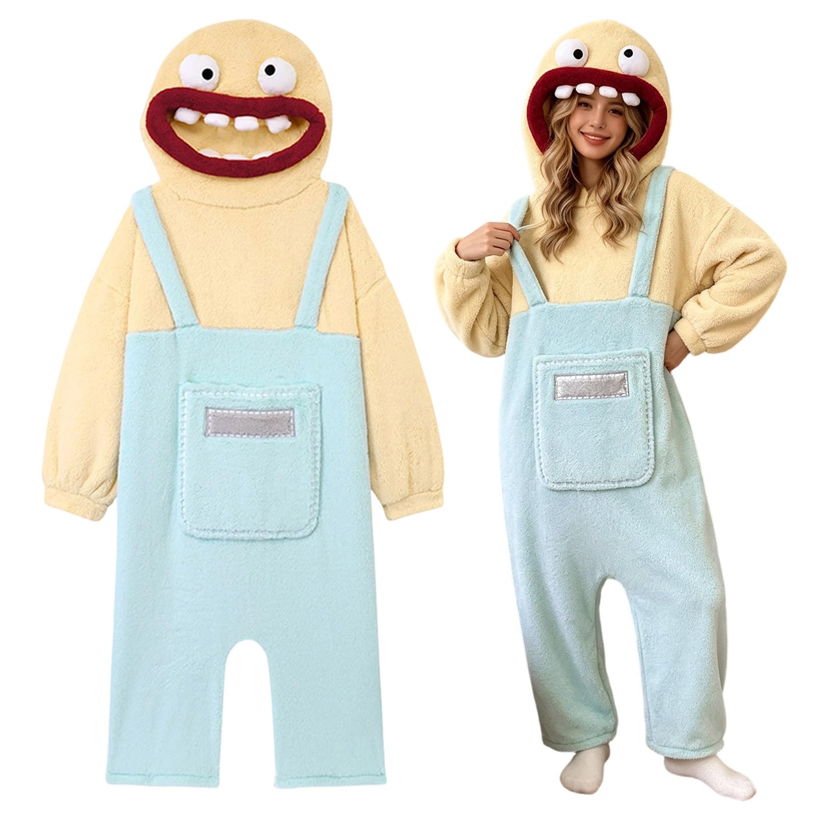 Genérico Pijama de Monstruo Bocazas para Mujer Hombre, Mono con Capucha de Franela para Adulto, Pijama de Cuerpo Entero Acogedor con Bolsillos, Disfraz Dormir Unisex para Hogar y Halloween