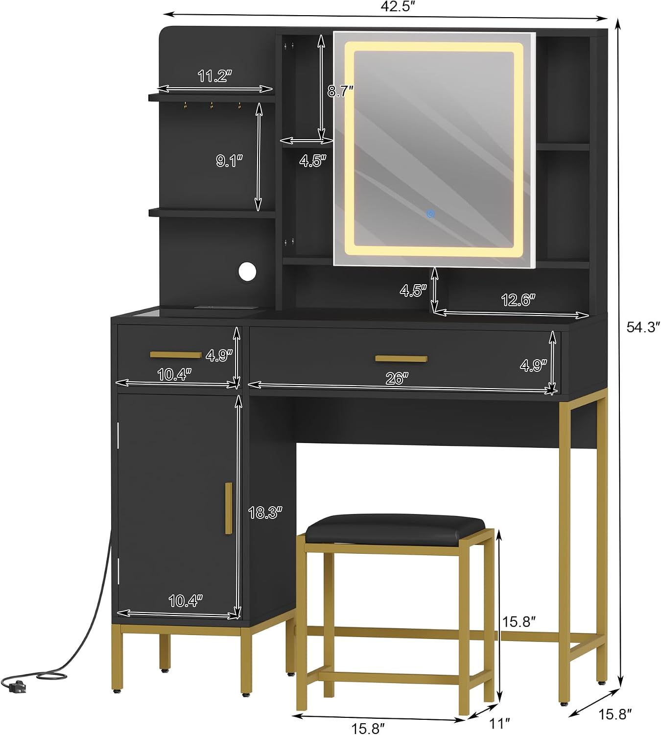 GarveeHome Makeup Vanity Desk, Vanity Desk with Lights in 3 Colors, Vanity Table with Charging Station, Visible Drawers, Black