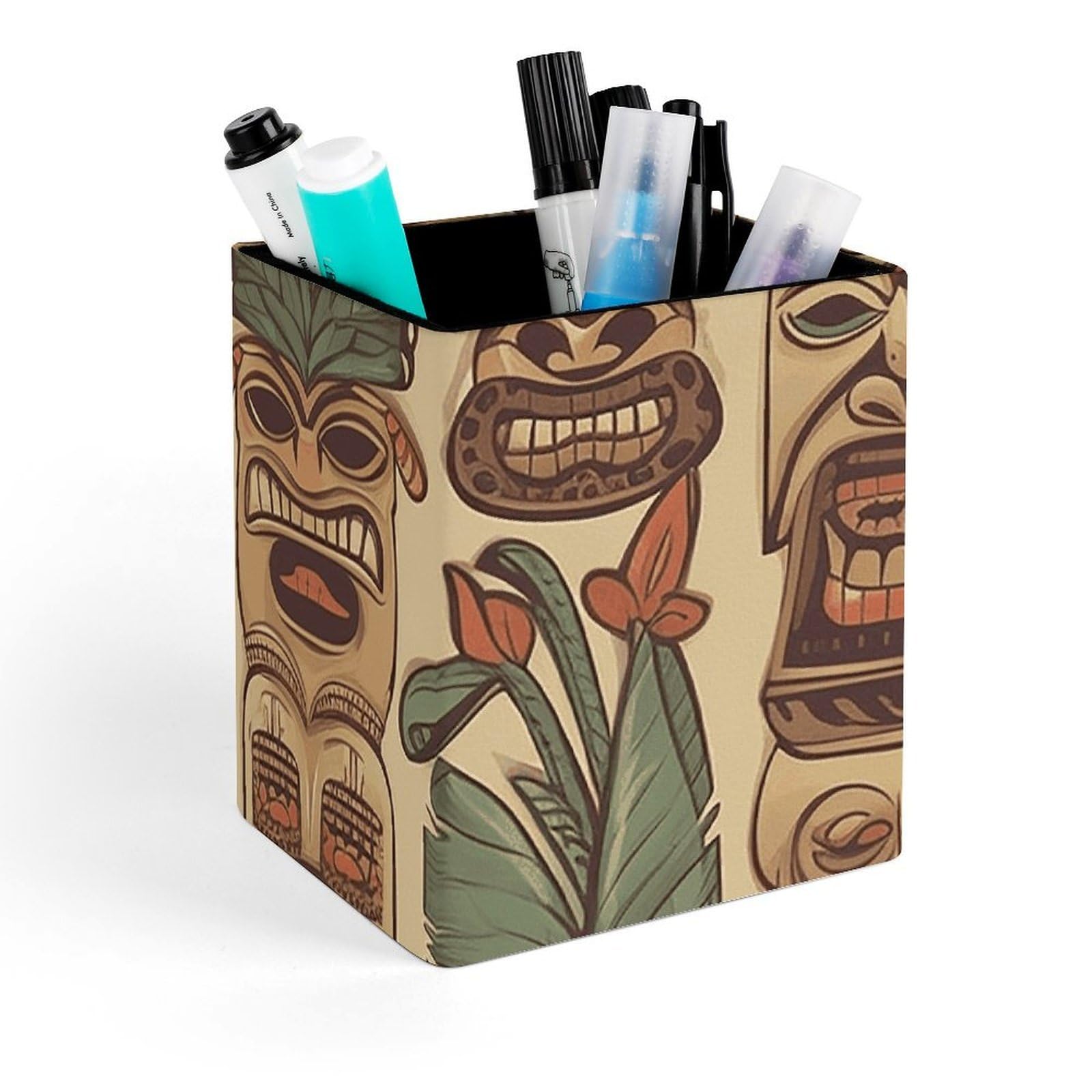 FekiLoot Vintage Aloha Tiki Pencil Holder Square Leather Pen Holder Cup Modern Multi-Functional Pencil Cup Holder Decorative Desk Organizer Caddy Makeup Brush Holders for Desk Office
