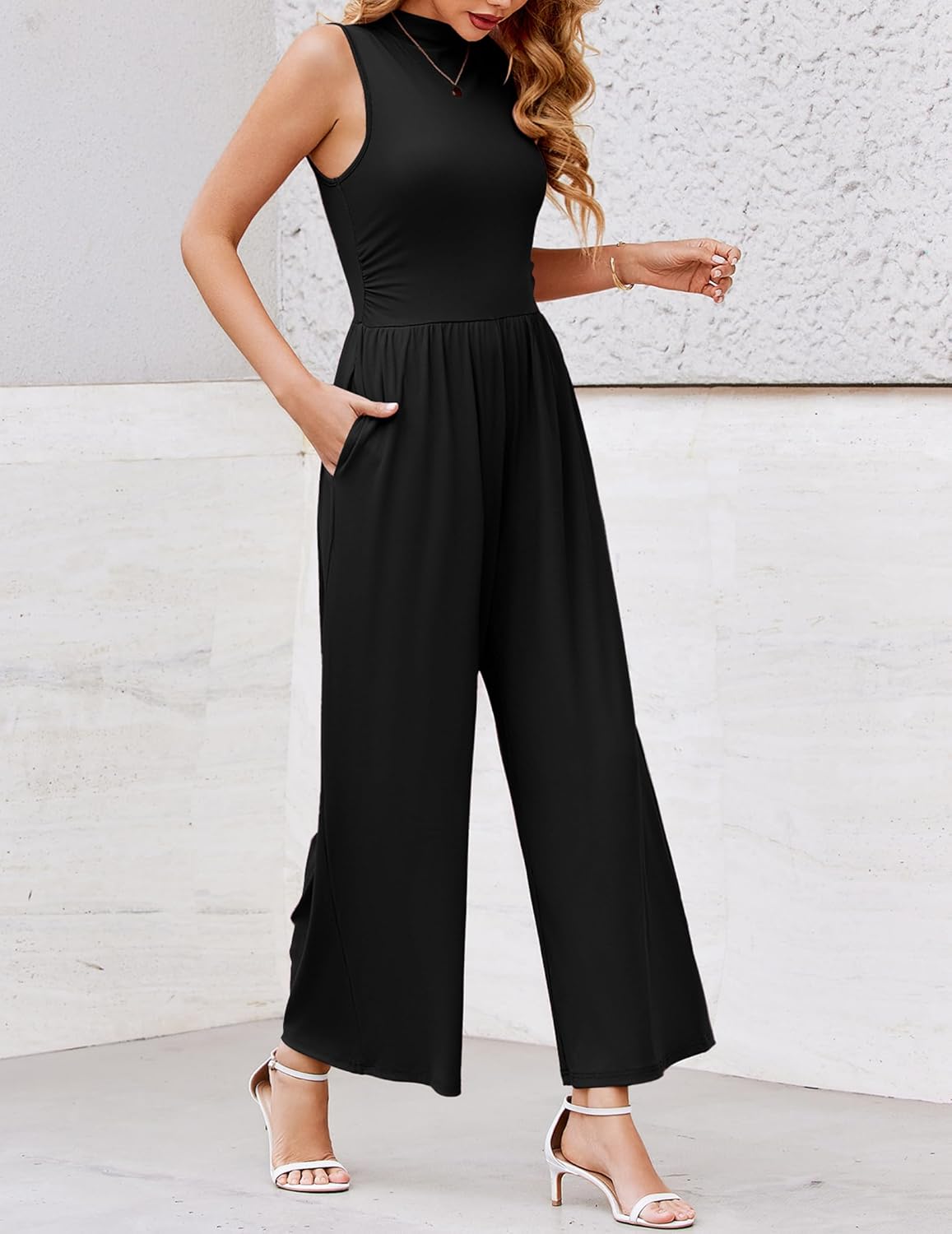 Ekouaer Summer Jumpsuits for Women Casual Mock Neck One Piece Outfits Sleeveless Formal Wide Leg Pants Romper with Pockets