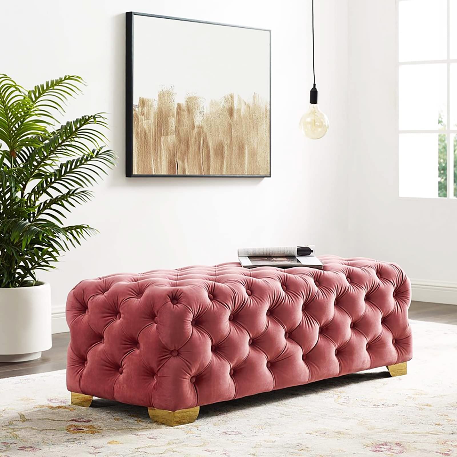 Repose-pieds ottoman salon velours rose capitonné 80cm
