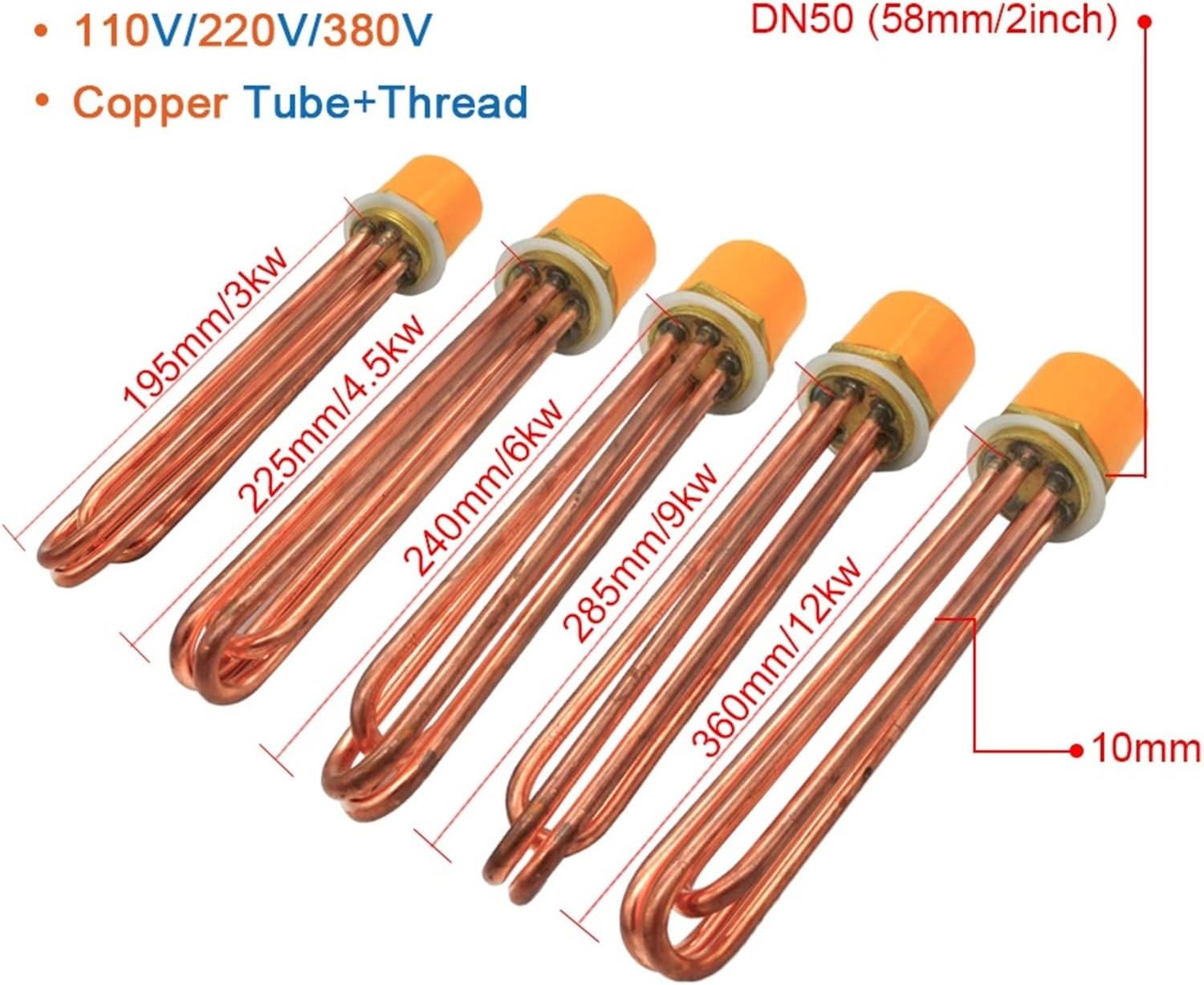 1Pcs DN50/2inch Water Heater Heating Element Copper Thread Tubular Electric Heaters Parts 110V/220V/380V 3KW/4.5KW/6KW/9KW/12KW(220V,4.5KW DN50 225mm)