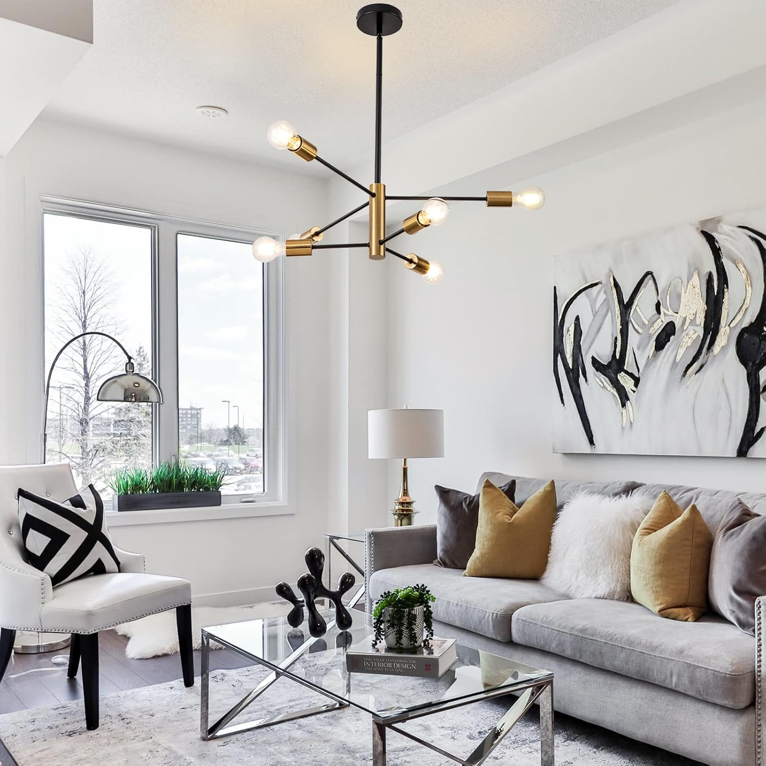 SineRise Modern Sputnik Chandelier Light Fixture, 6-Light Chandelier Ceiling Light Fixture Black and Gold Mid Century Chandelier Height Adjustable for Kitchen, Living Room, Bedroom, Hallway and Foyer