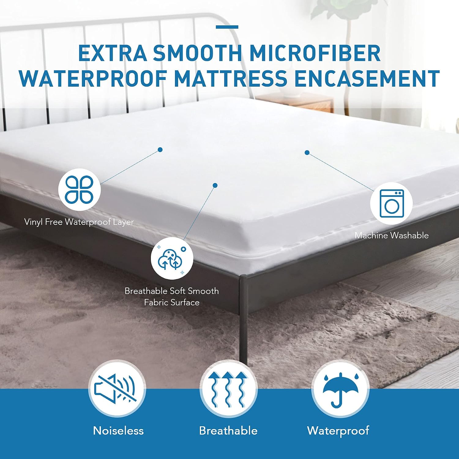 CO-Z Waterproof Mattress Protector Full Size with Zipper Closure 6-Sided Cover, 100% Polyester Ultra Soft Knit Fabric Encasement, Machine Washable, White