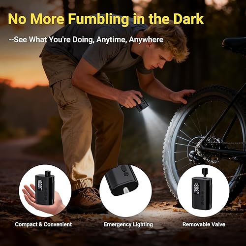 Miniatura 5 de Vinid Mini bomba de bicicleta sin escobillas con medidor de presión digital Bomba de aire recargable eléctrica ultra portátil de 120 PSI, inflado