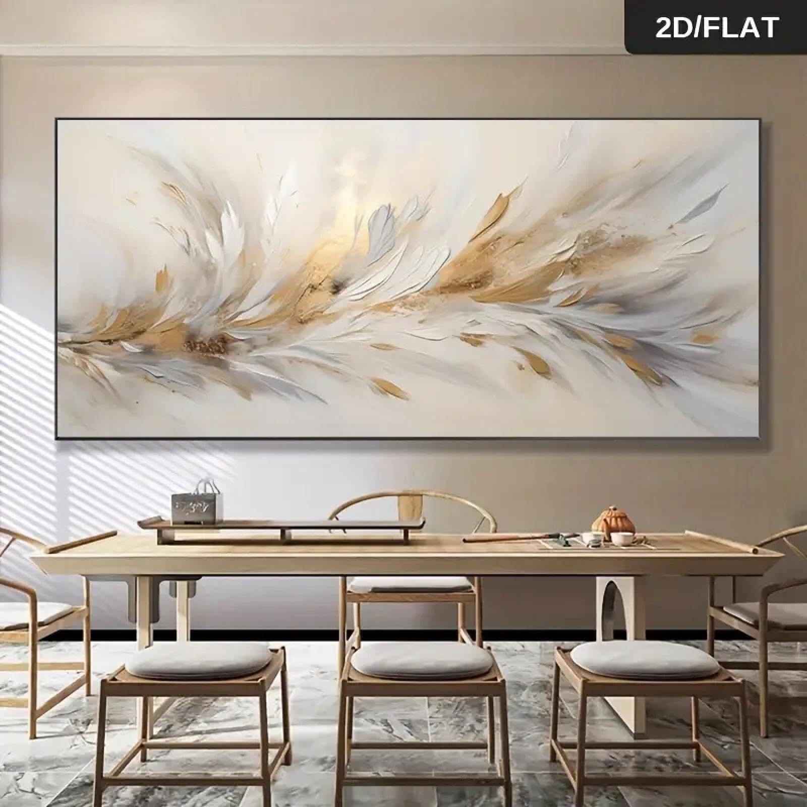 ZHAOLIN Grande toile murale élégante et moderne avec plumes grises dorées abstraites - Peinture contemporaine pour salon, chambre à coucher, 70 x 140 cm, sans cadre