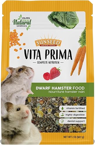 Vitakraft Sunseed Vita Prima - Alimento para hámster enano, bolsa de 2 libras con frutas, verduras, granos y semillas que proporcionan nutrición