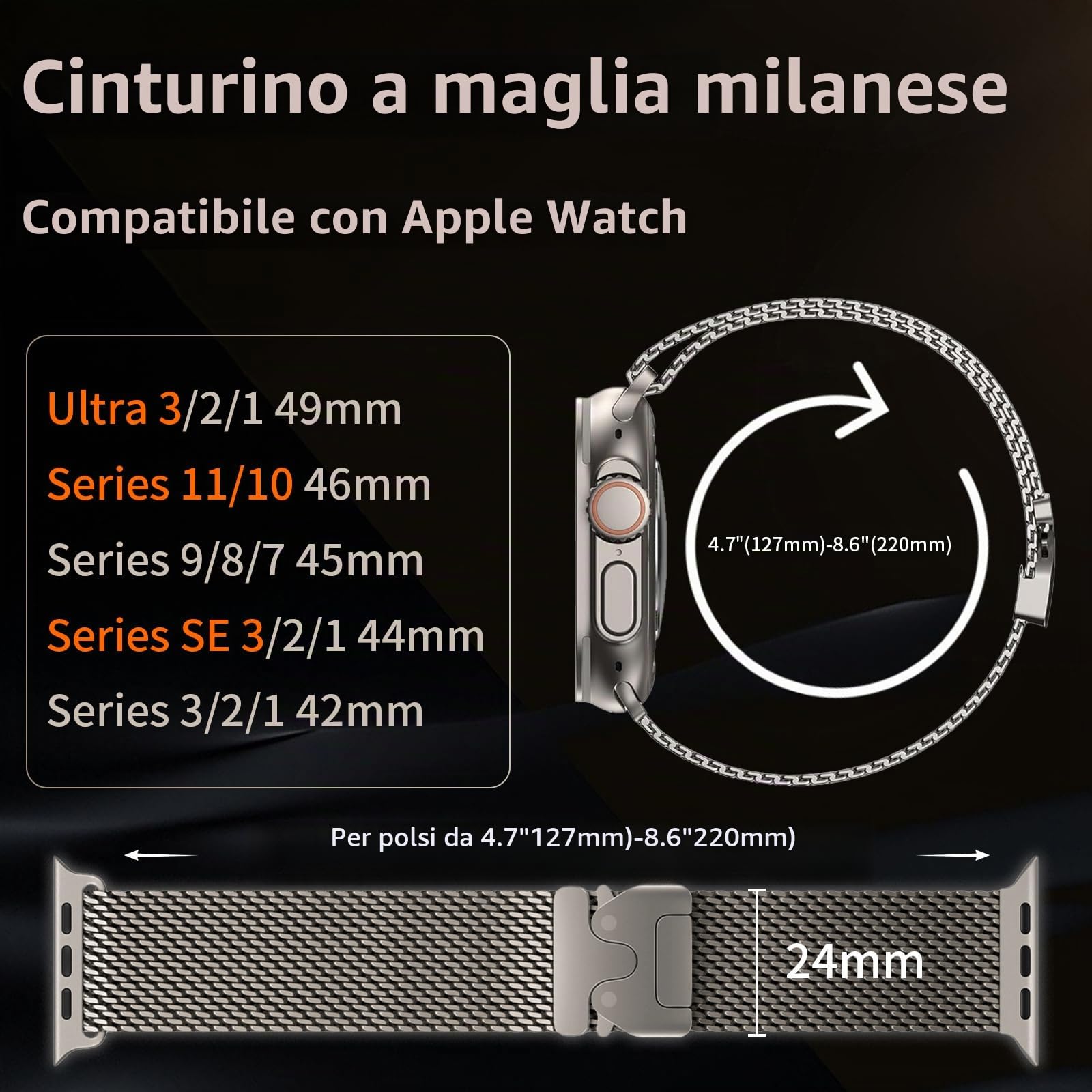 Cinturino Milanese Loop Compatibile con Apple Watch Ultra 3/2/1 49mm 46mm 45mm 44mm 42mm (Serie 3 2 1) Uomini Donne, Cinturini in Metallo per iWatch 11 10 9 SE 8 7 6 5 4, Fibbia Stile Paracadute