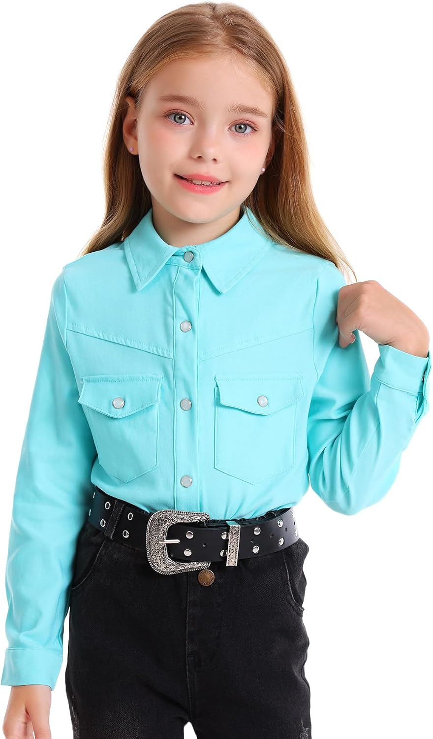 Girls Western Shirt Long Sleeve Collared Retro Button Down Snap Shirts for Teen Cowgirl Style Country Top 5-16 Years