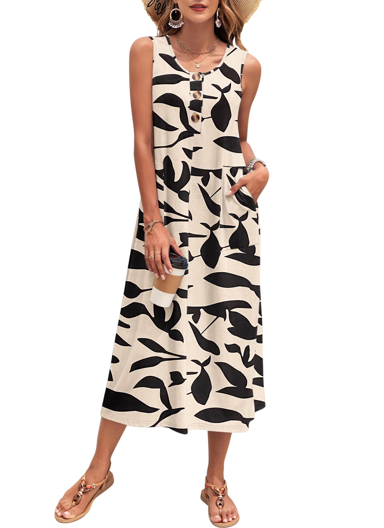 PLOKNRD Damen Sommer Maxi Kleid Ärmellos Strandkleid Lässiges Lange Button-Down Tank Kleid mit Taschen