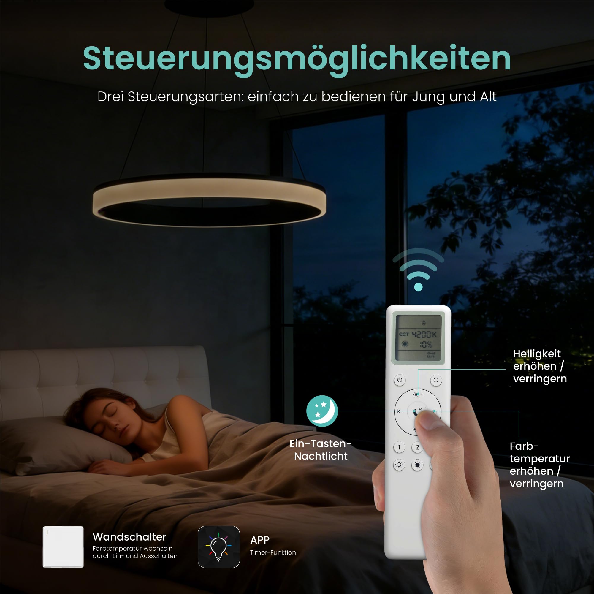 Mai & Mai Pendelleuchte Esstisch, dimmbar mit Fernbedienung & Wandschalter | LED Hängelampe, 60cm, 3000K–6000K,30W, höhenverstellbare Design, Moderne, Luvina02, Sandweiß