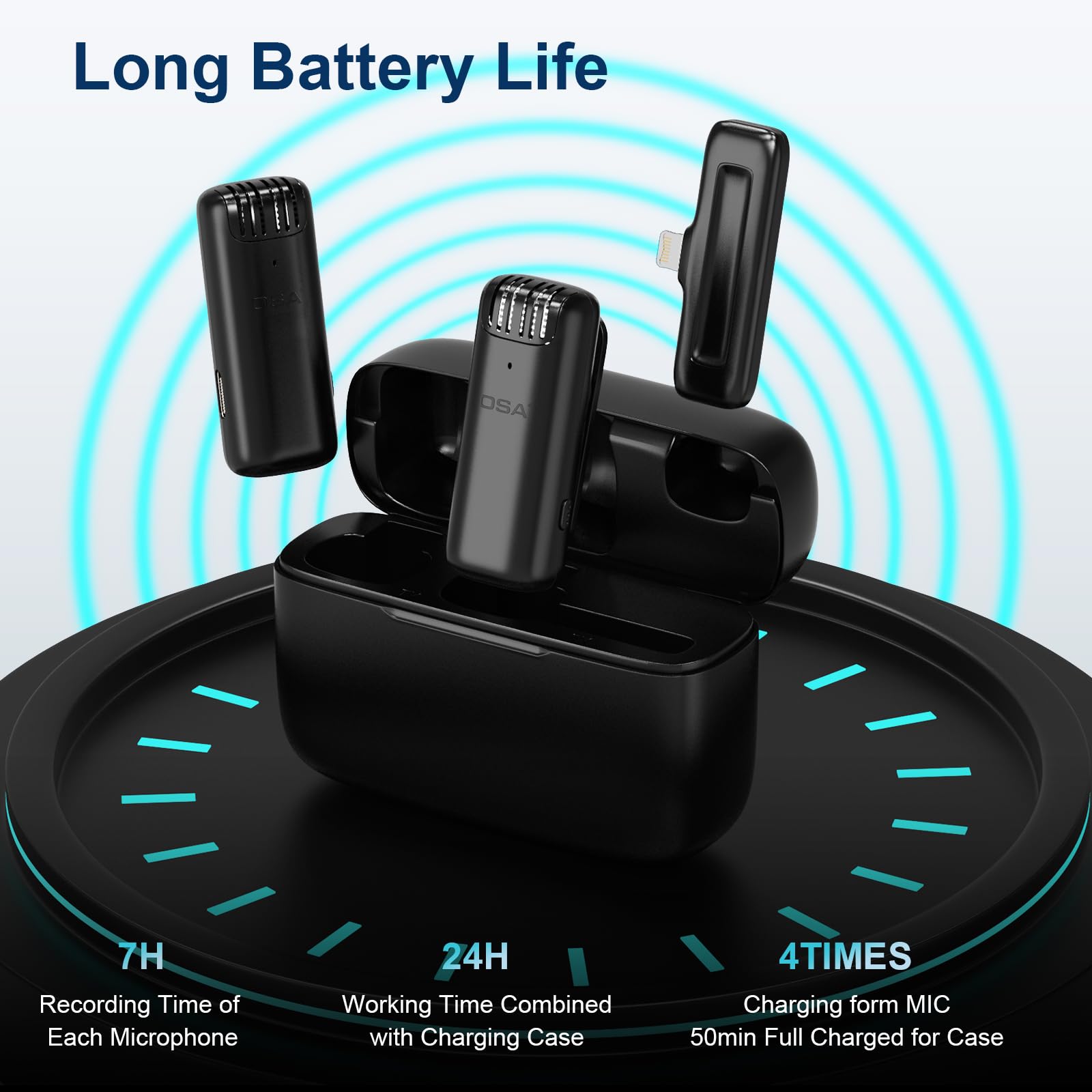 OSA Microfono wireless per iPad AiPhone con custodia di ricarica di 15 ore, livello di cancellazione del rumore regolabile, microfono lavalier wireless per registrazione video, set da 2 pezzi