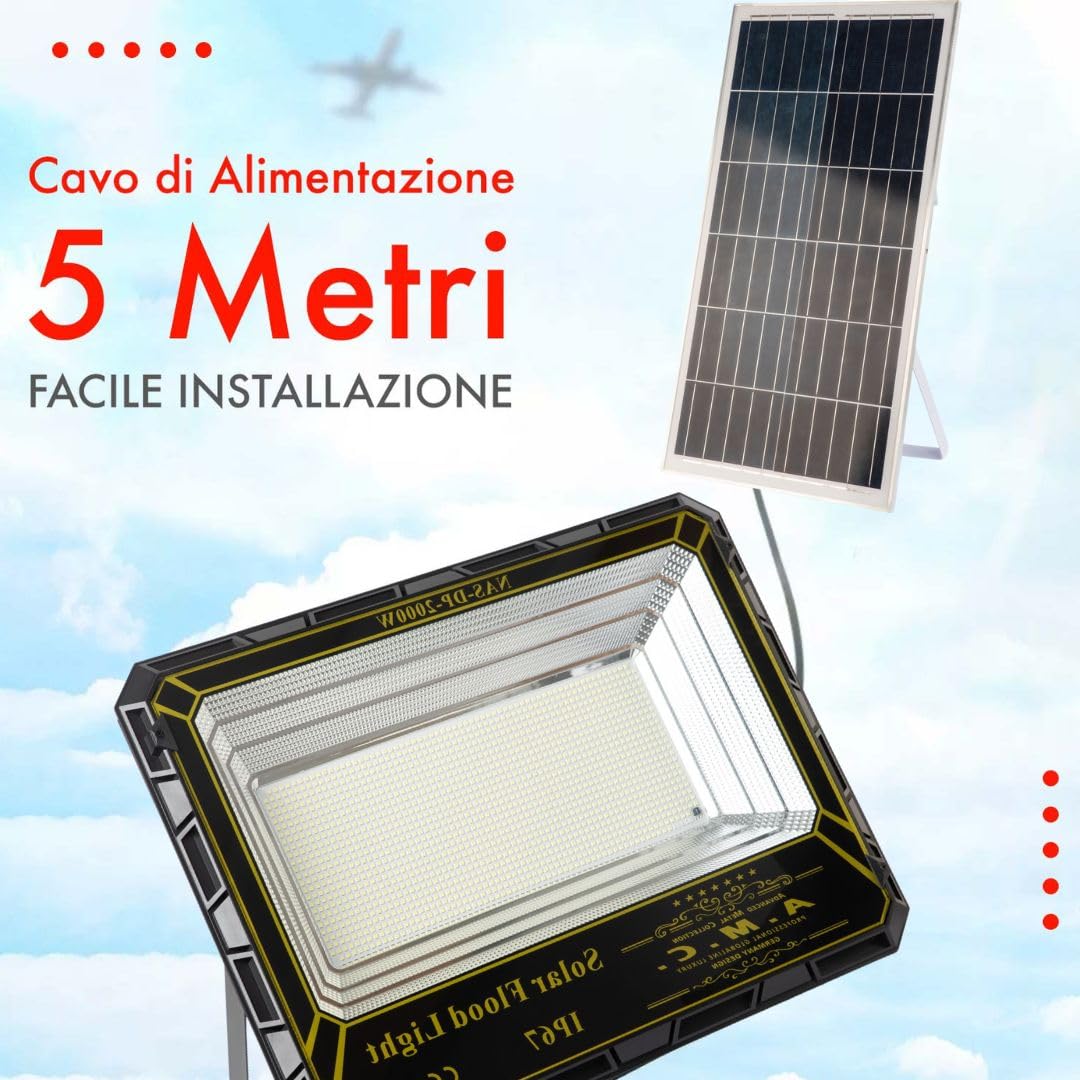A.M.C. Faro Solare Led Esterno, Faro Solare 2000 Watt con Telecomando e Staffa, Sensore di Movimento e Crepuscolare, Luce Bianco Fredda, Impermeabile IP 67.