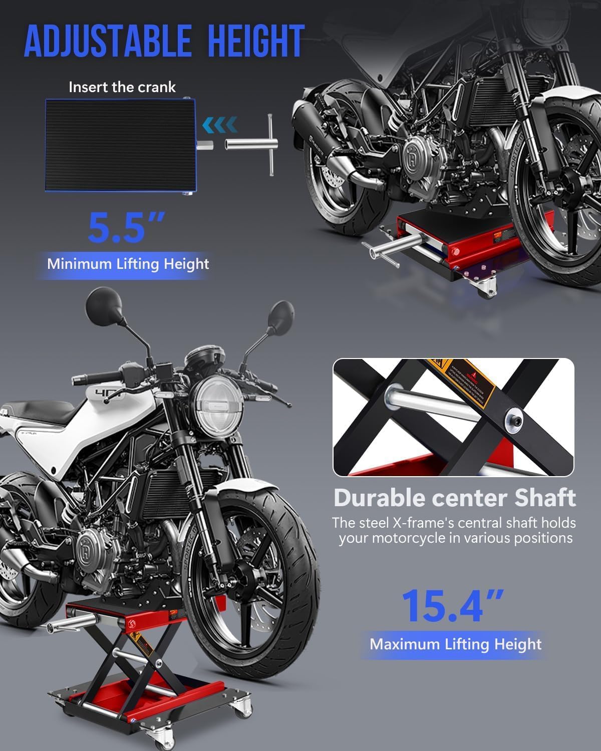 Leve moto de acero, elevación hidráulica, capacidad de 1100 libras, mesa elevadora móvil con ruedas para taller de garaje