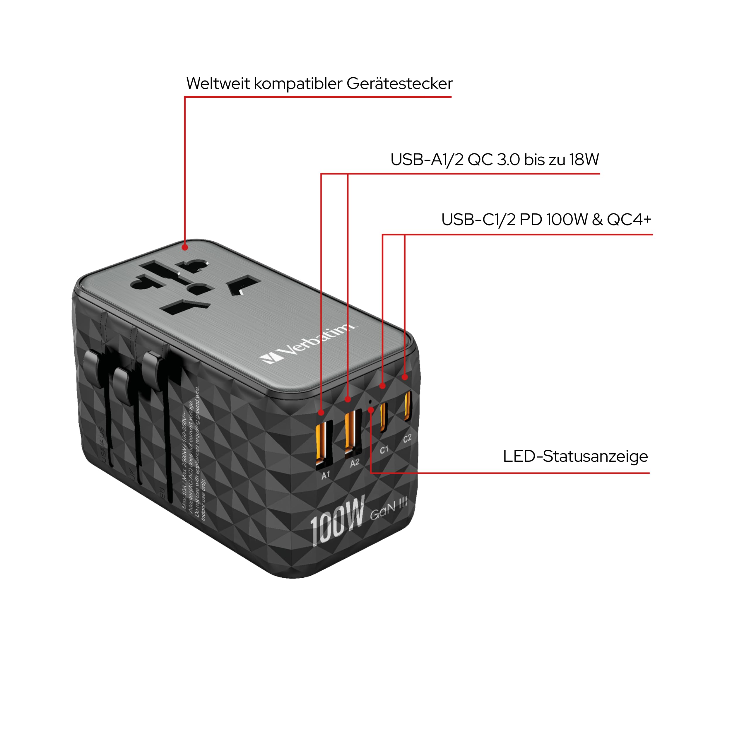 Verbatim GaN Universal Reiseadapter UTA‑06 100 W, Steckdosenadapter mit 2 USB‑A und 2 USB-C Anschlüssen, Schnellladegerät für Laptop, Handy, Kamera und Co, Reisestecker weltweit einsetzbar, 100-250 V