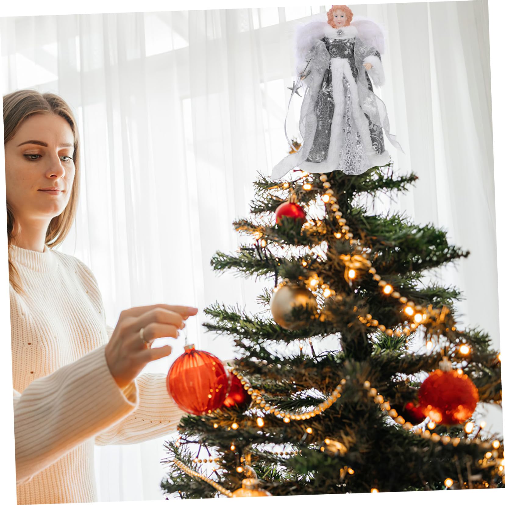 Ángel Decorativo Pequeño para Árbol de Navidad Figura con Alas de Peluche Adorno Navideño para Interiores Topper para Árbol Detalle Festivo para Fiestas de Navidad