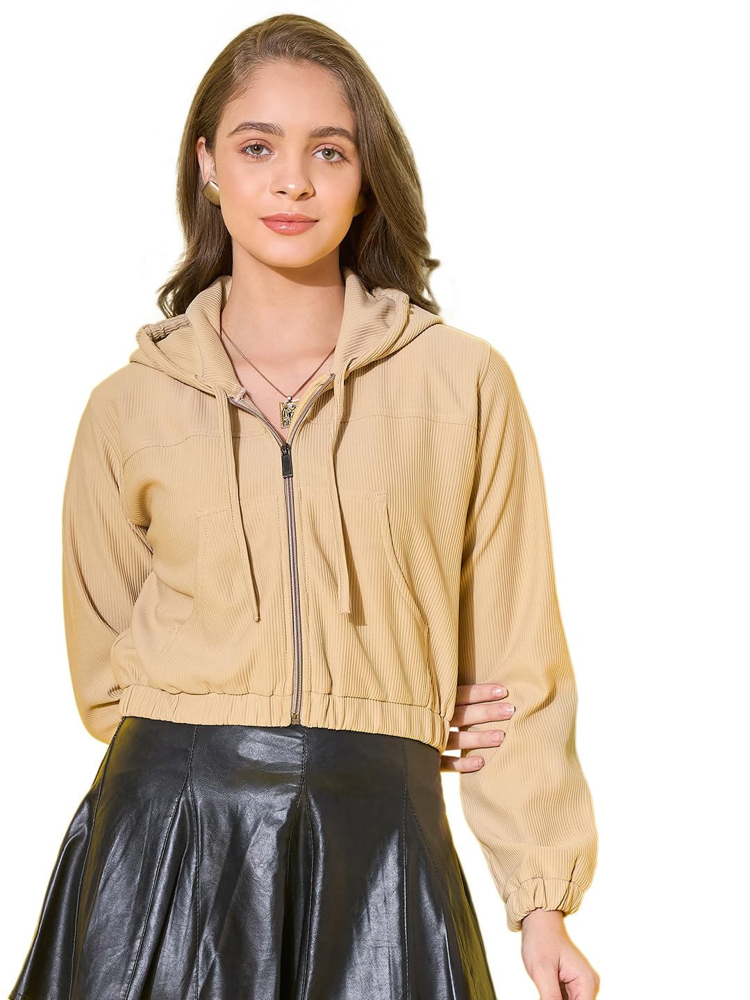 qioa Women's Cotton Ribbed Short Casual Hoodie Jacket with Front Zipper | Hooded Neck Girls Jackets-picture-30