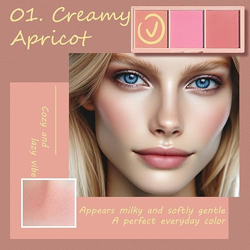 3 Color Matte Pink Blush Palette with Brush, Long Lasting Cheek Makeup, Smooth and Light Blush Powder for Face Beauty