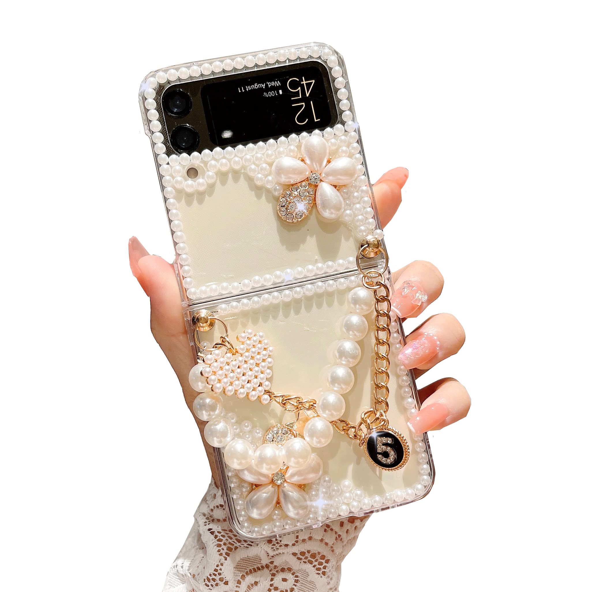 CrazyLemon Custodia per Samsung Galaxy Z Flip 4 5G, Perle Scintillanti Cristallo Lucido Fiore Brillare 3D Stones Custodia Protettiva Galaxy Z Flip 4 5G Custodia per donne e Ragazze