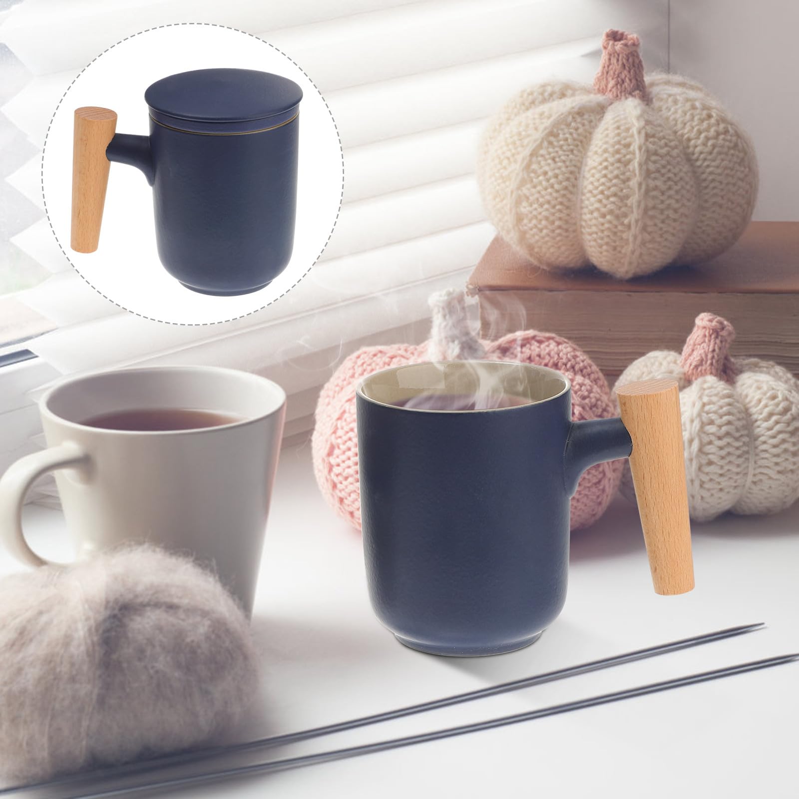 Toyvian Tasse à Thé Étanche en Céramique Noire Infuseur et Couvercle, Poignée en Bois Délicate Travail Voyages