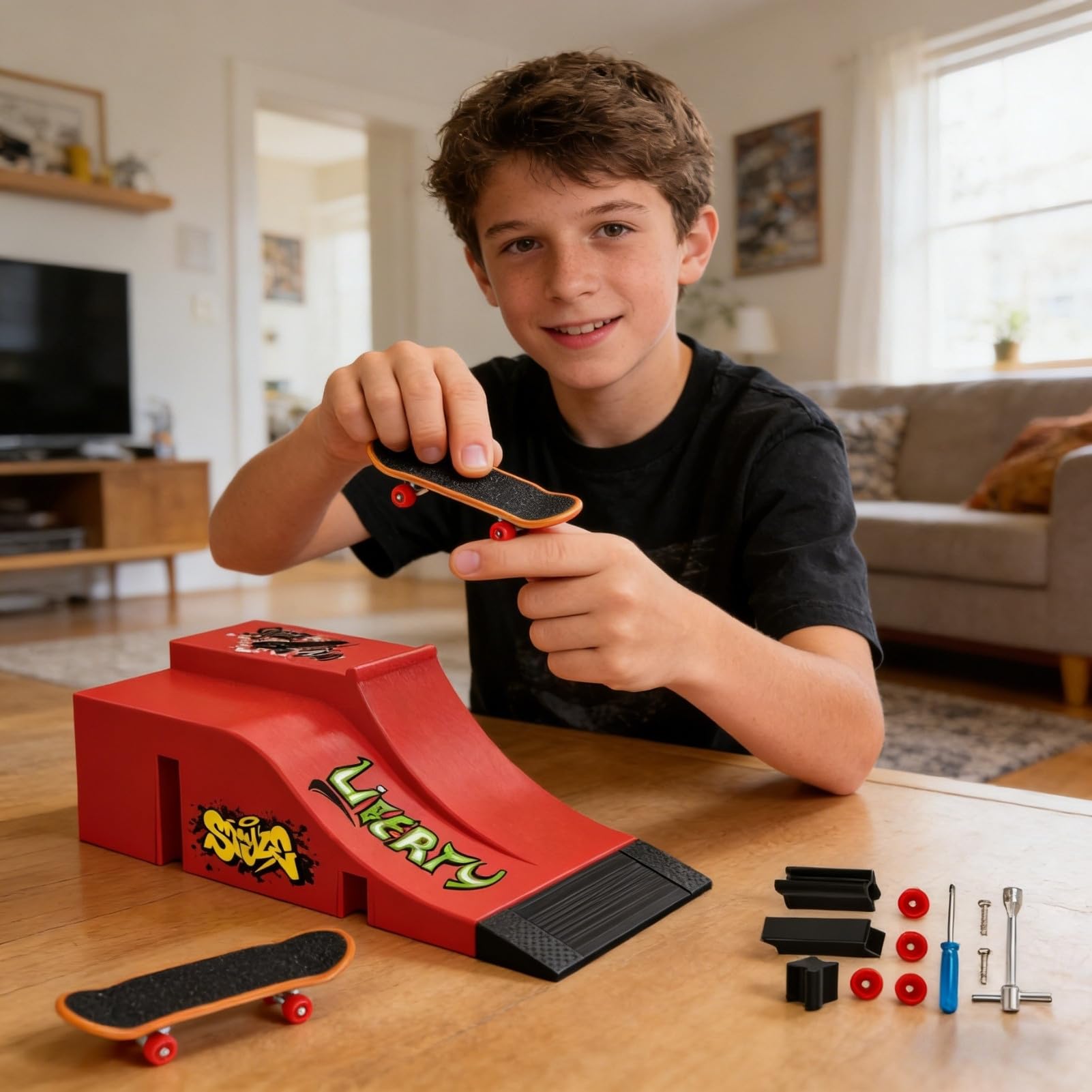 Finger Skateboard und Rampe Zubehör Set, Mini Fingerboard Park Kit DIY Deck Truck Fingerskateboard Rampe Kit für Jungen und Mädchen Geschenk (A)